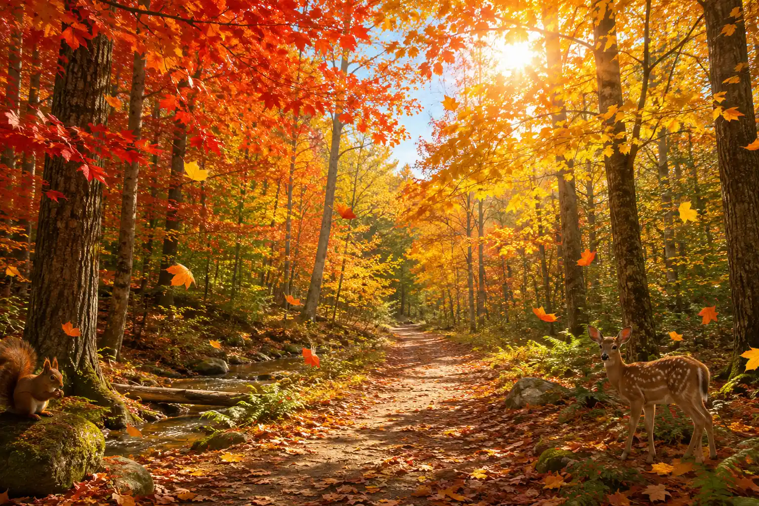 Bright autumn forest filled with red orange and yellow leaves