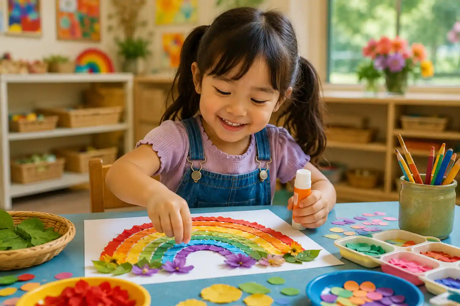 Child Making a Rainbow Nature Collage