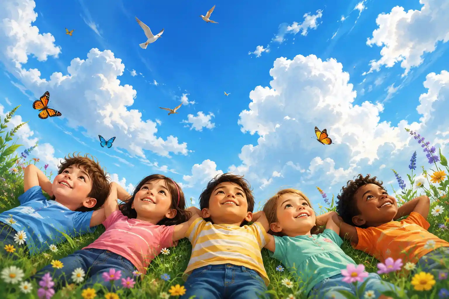 Children Looking Up at a Bright Blue Sky