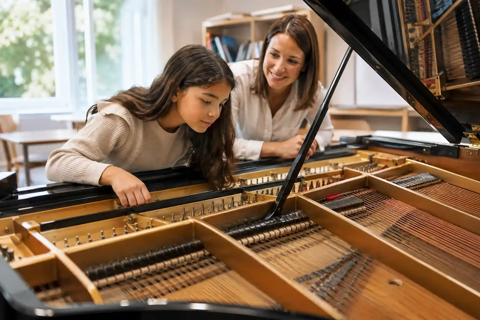 Curious preteen exploring the inside of a grand piano