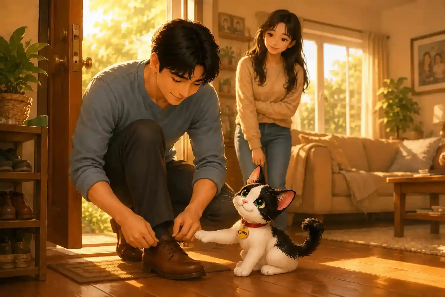 Daddy Puts on His Shoes While Chiki Waits by the Door