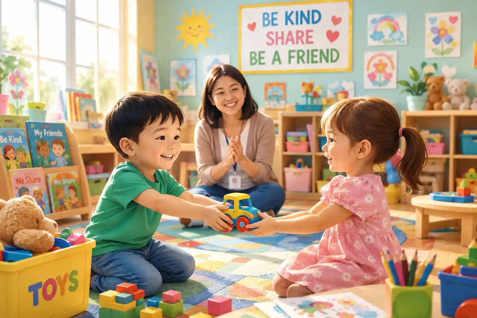 Happy child returning a lost toy to a friend