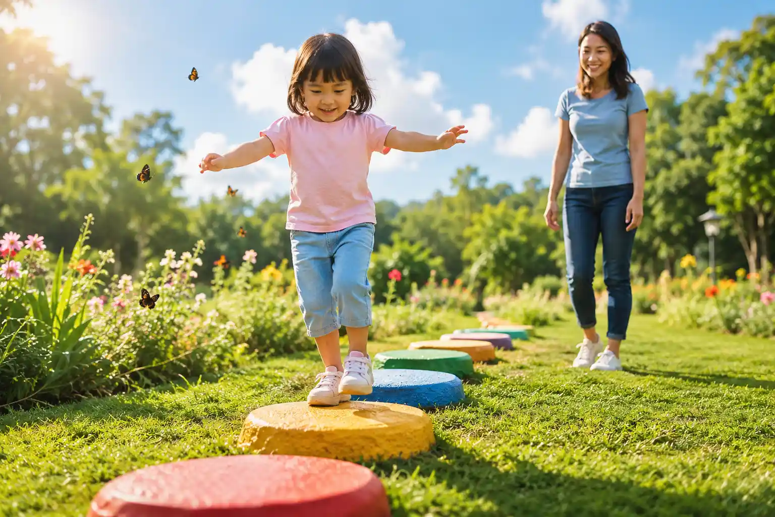 Happy preschool child taking brave little steps