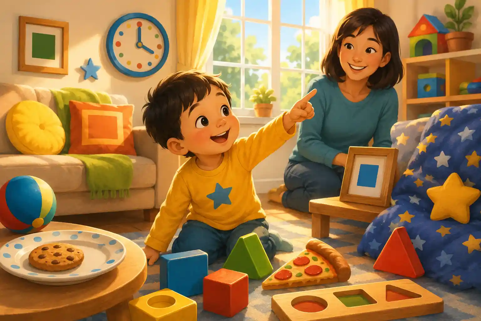 Happy preschool shape explorer discovering everyday shapes