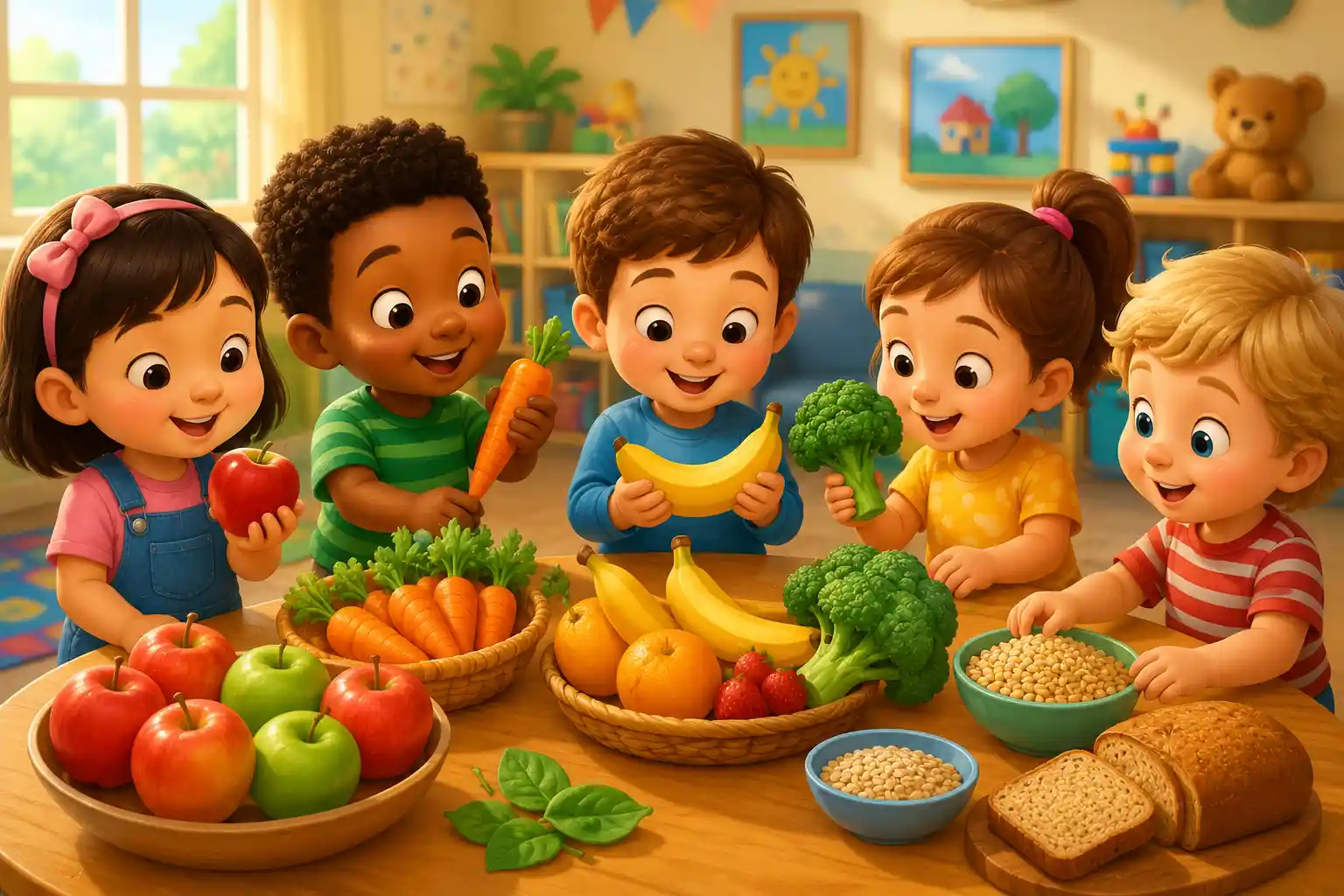 Happy young children exploring healthy foods
