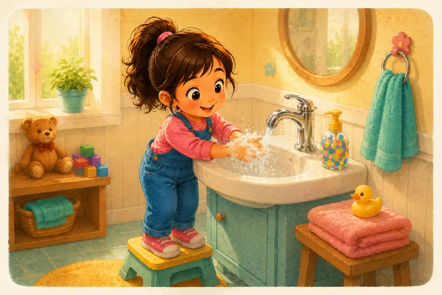 Little Girl Happily Washing Her Bubbly Hands