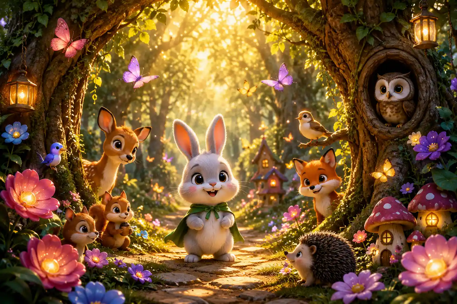 Tiny Bunny Standing Before an Enchanted Forest