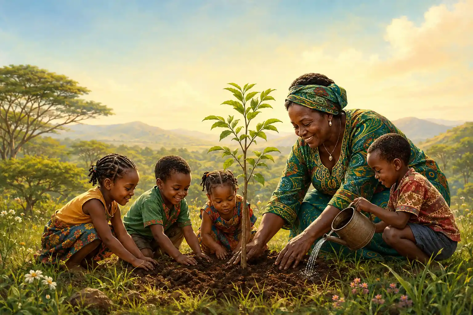 Wangari Maathai Planting a Tree With Children