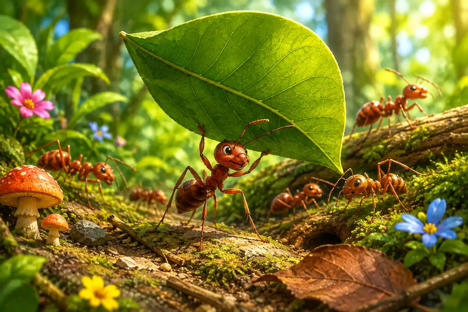 Ant carrying a large leaf