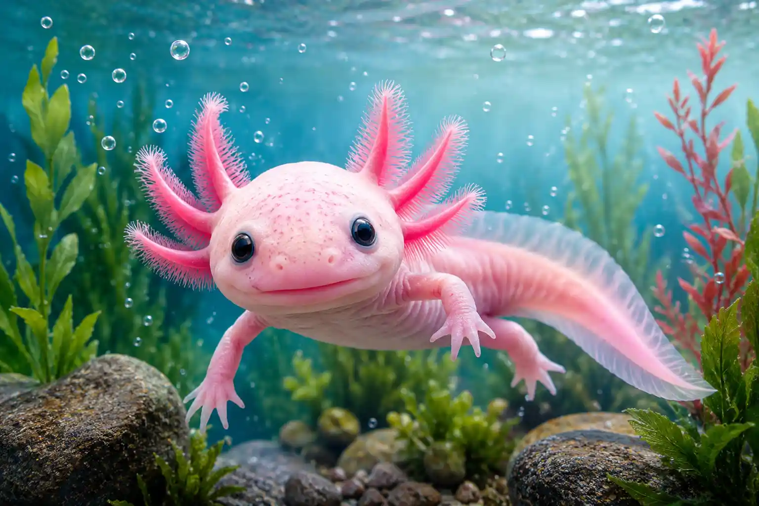 Axolotl with feathery gills