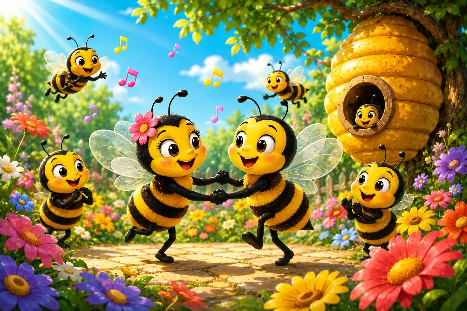 Bees dancing near flowers