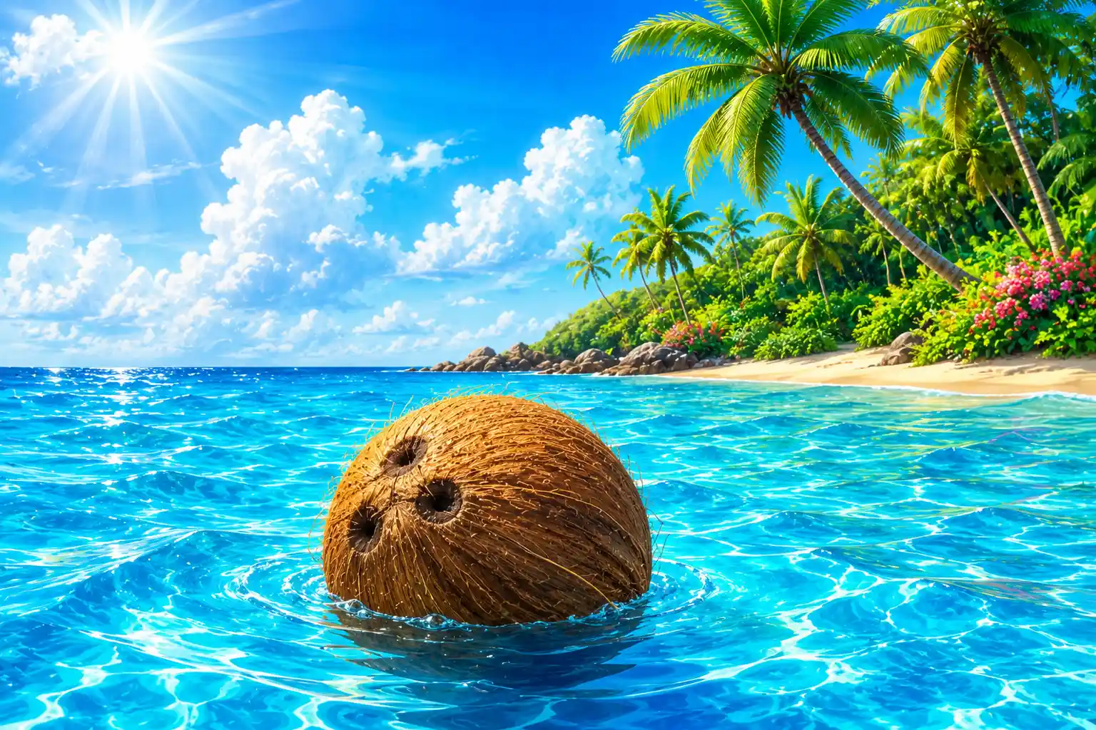 Coconut floating in ocean water