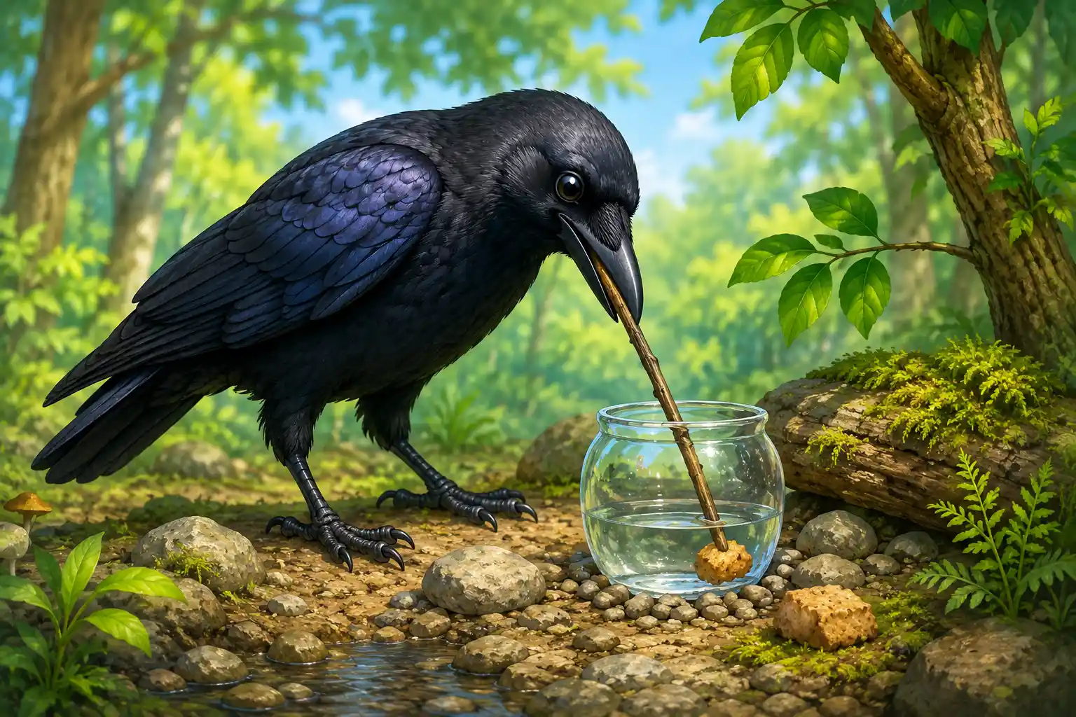 Crow using a stick as a tool