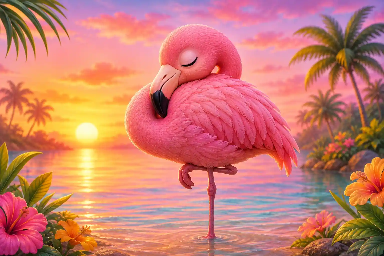 Flamingo sleeping on one leg