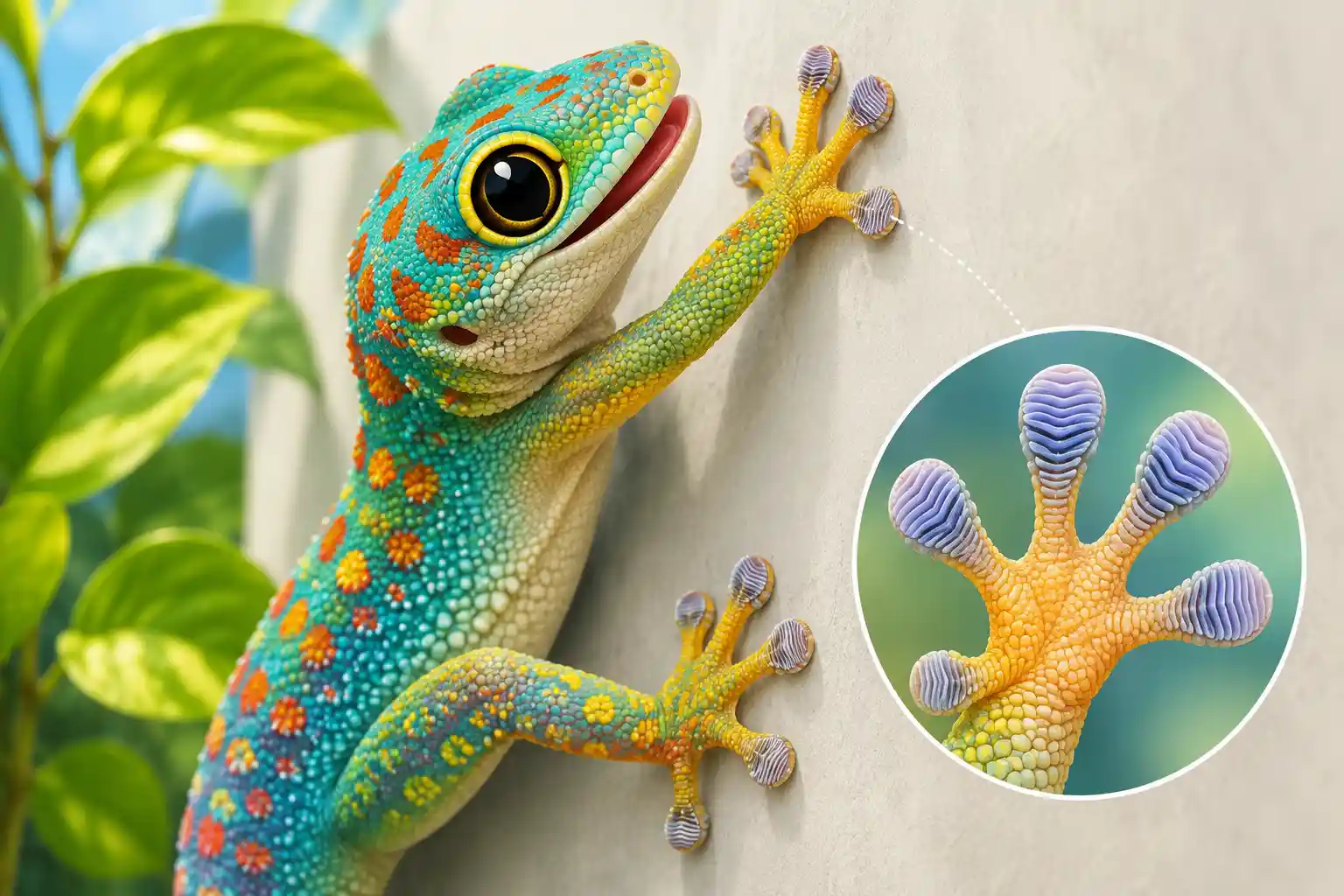 Geckos can climb smooth walls using their special feet.