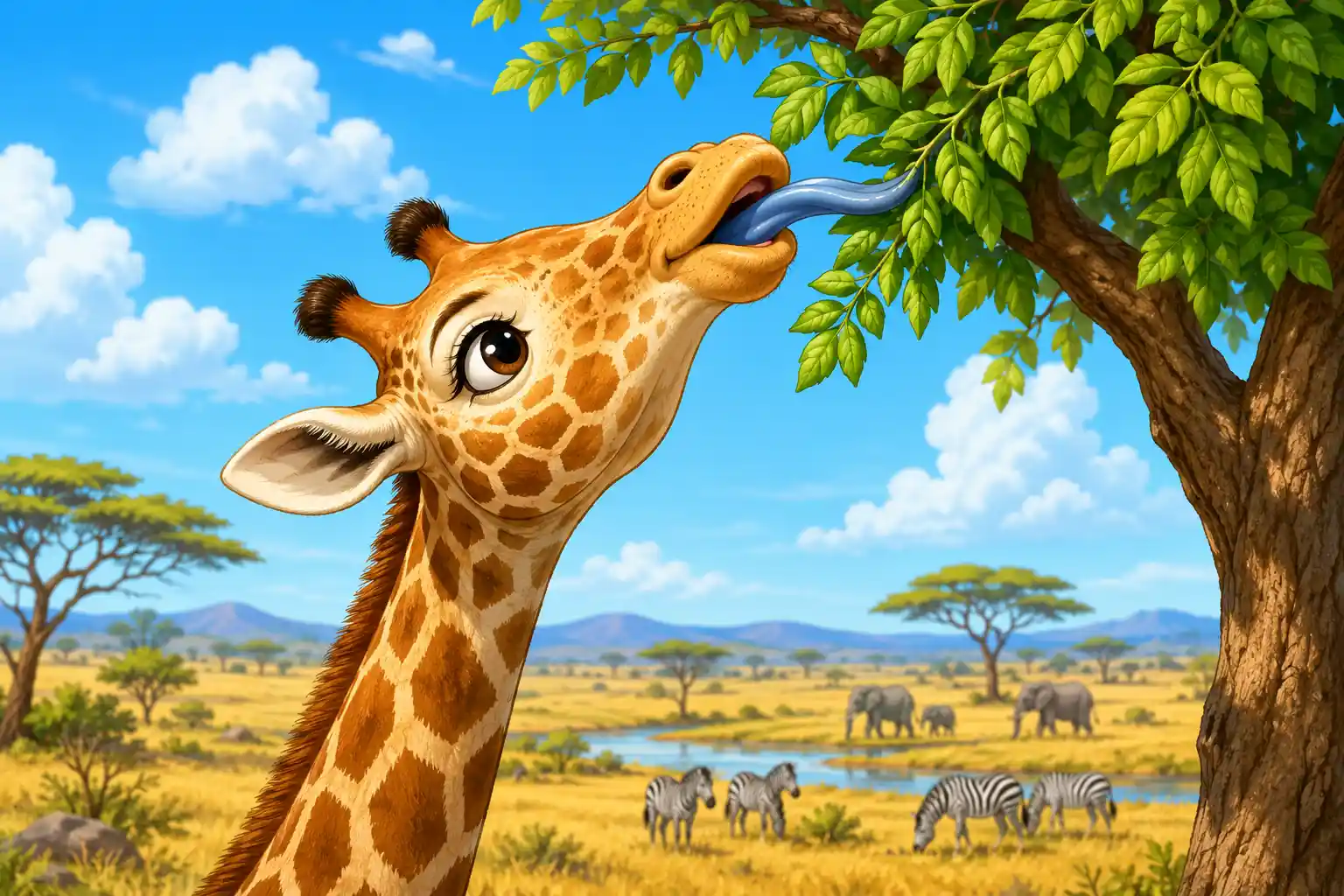 Giraffe eating leaves with blue tongue