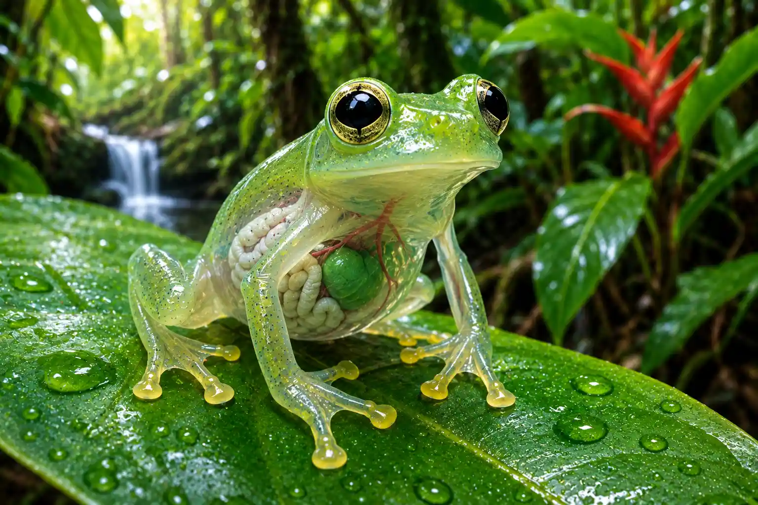 Glass frog with transparent skin