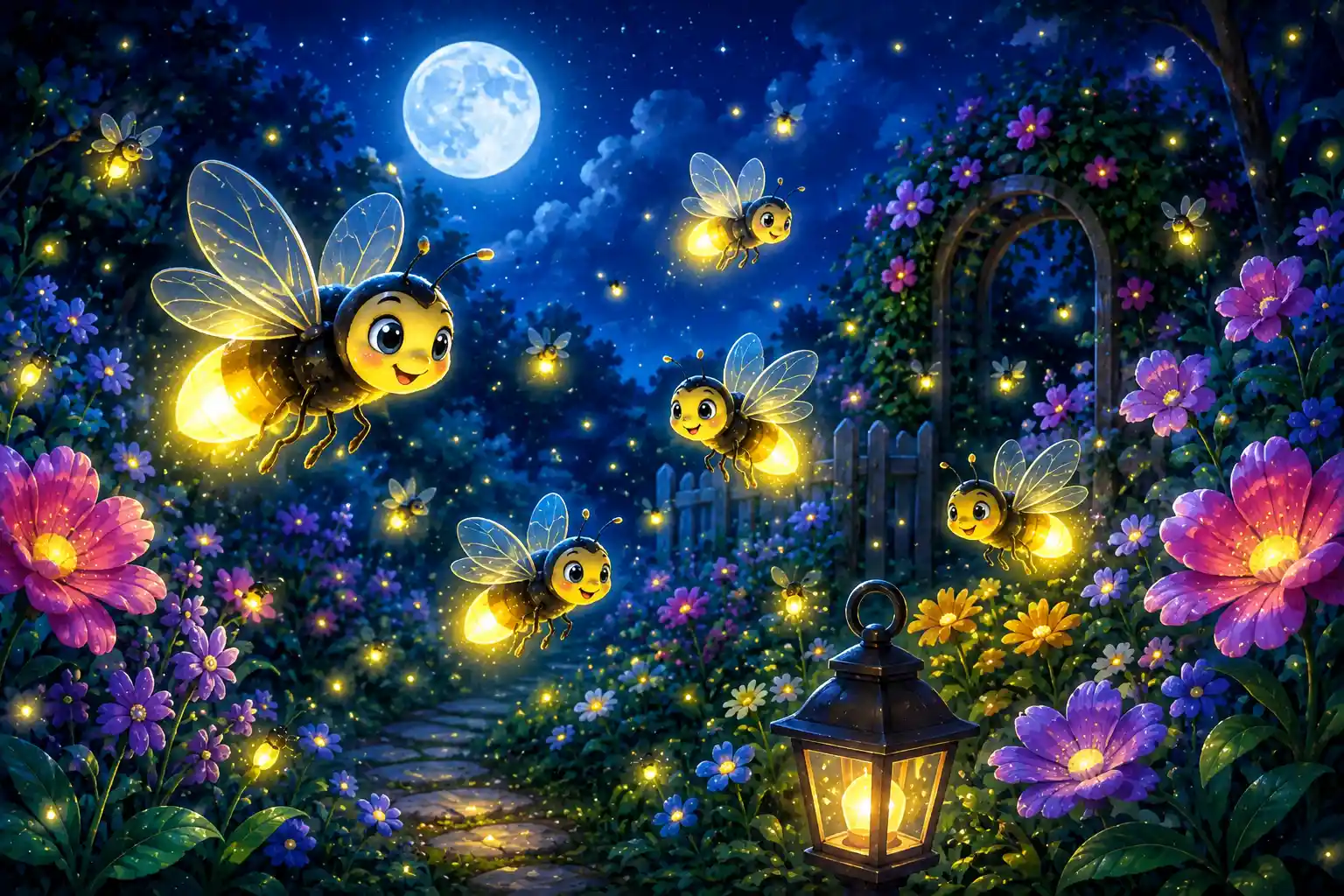 Glowing fireflies at night