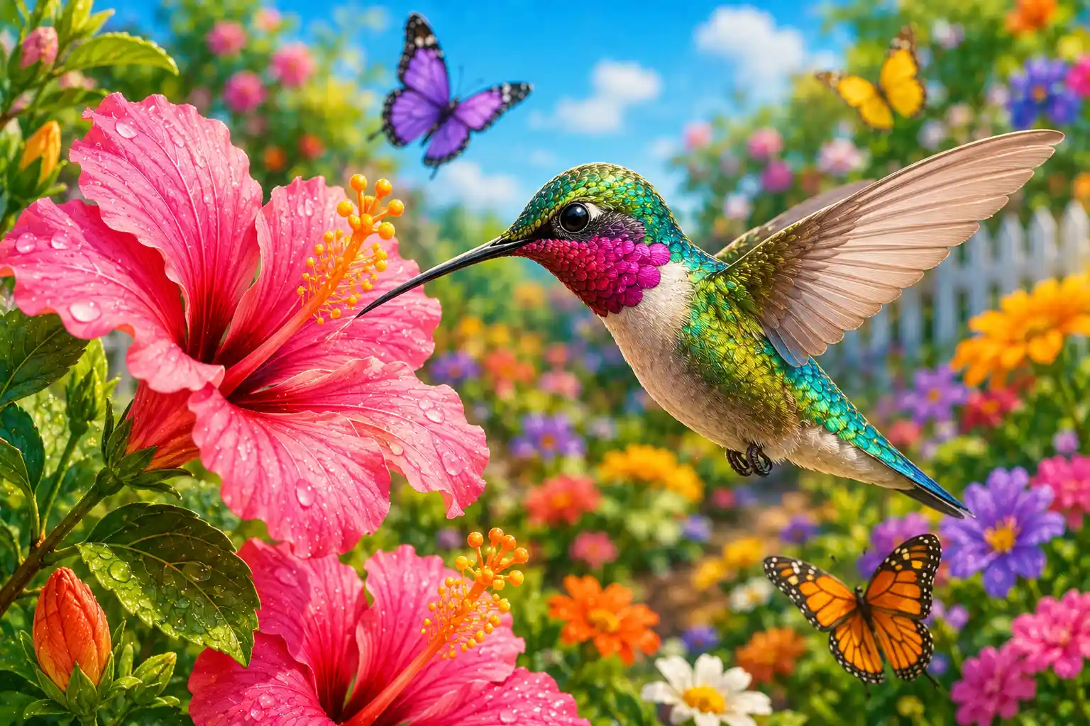 Hummingbird flying near flowers