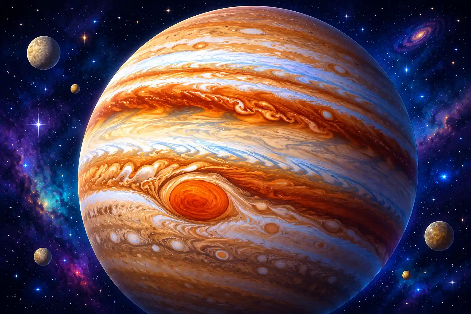 Jupiter has a giant storm called the Great Red Spot.