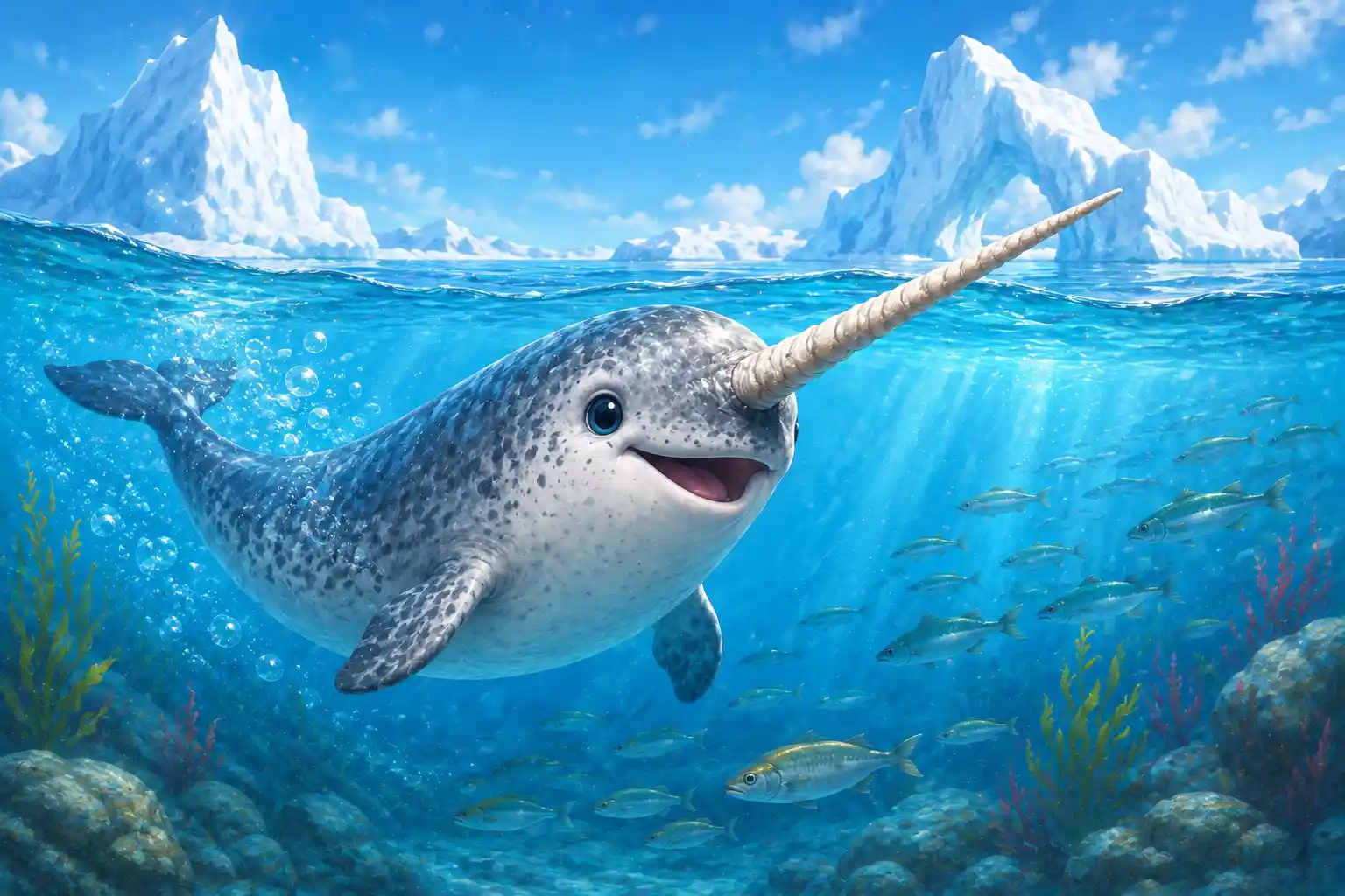 Narwhal with long tooth-like tusk