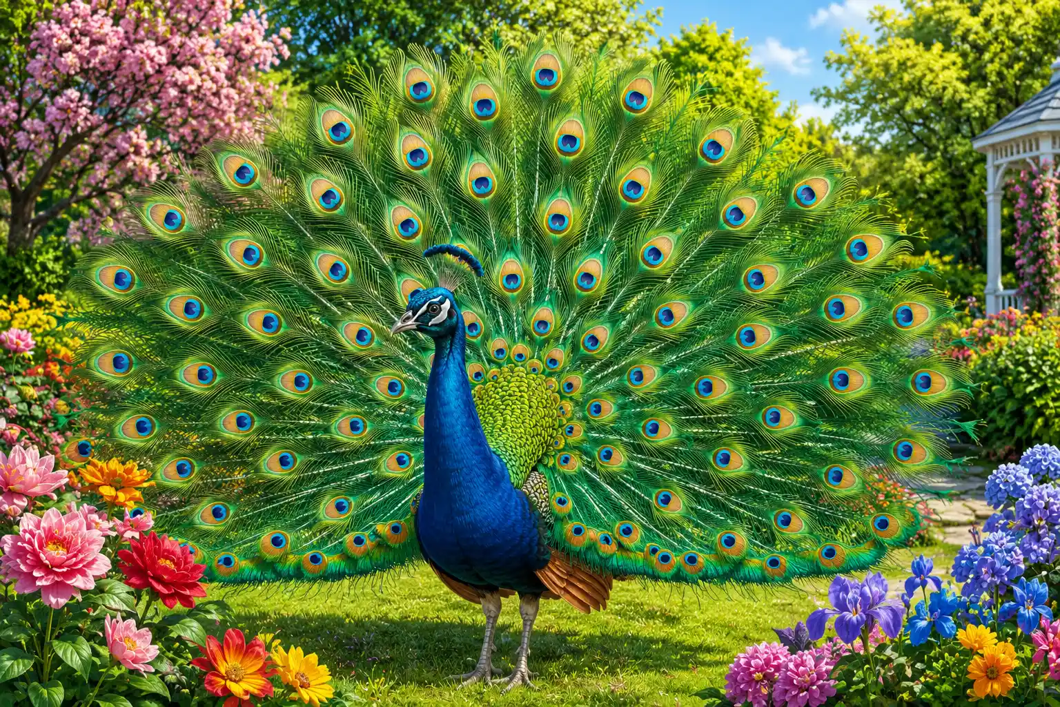 Peacock showing colorful tail feathers