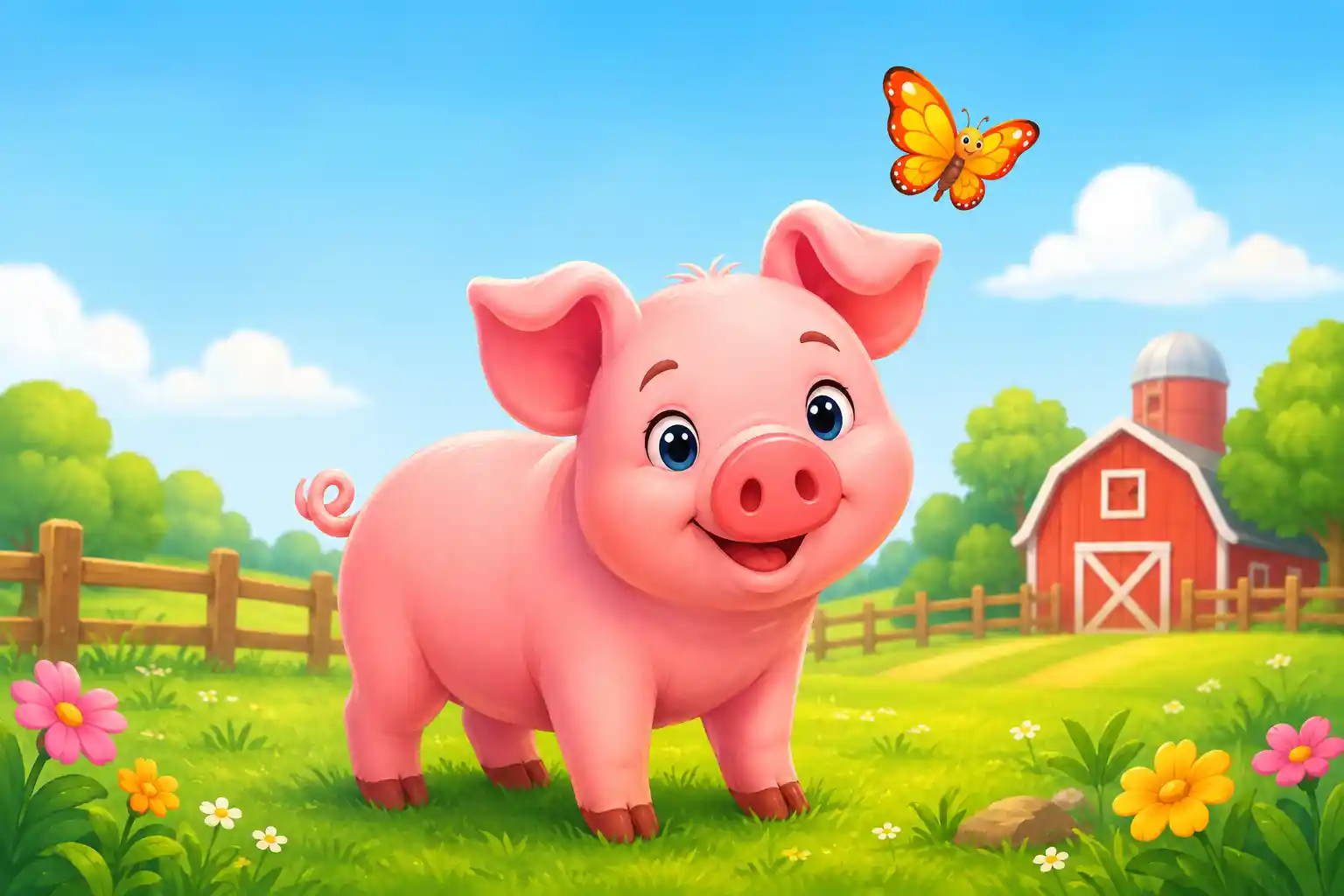 Pig looking toward a butterfly