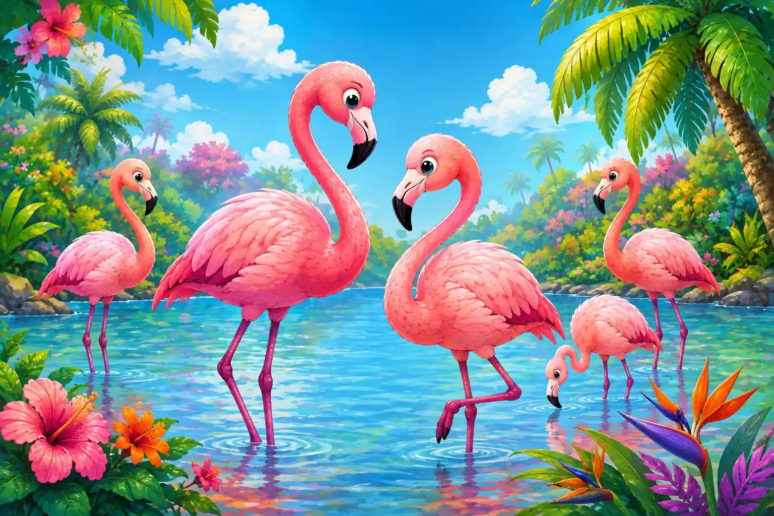 Pink flamingos in water
