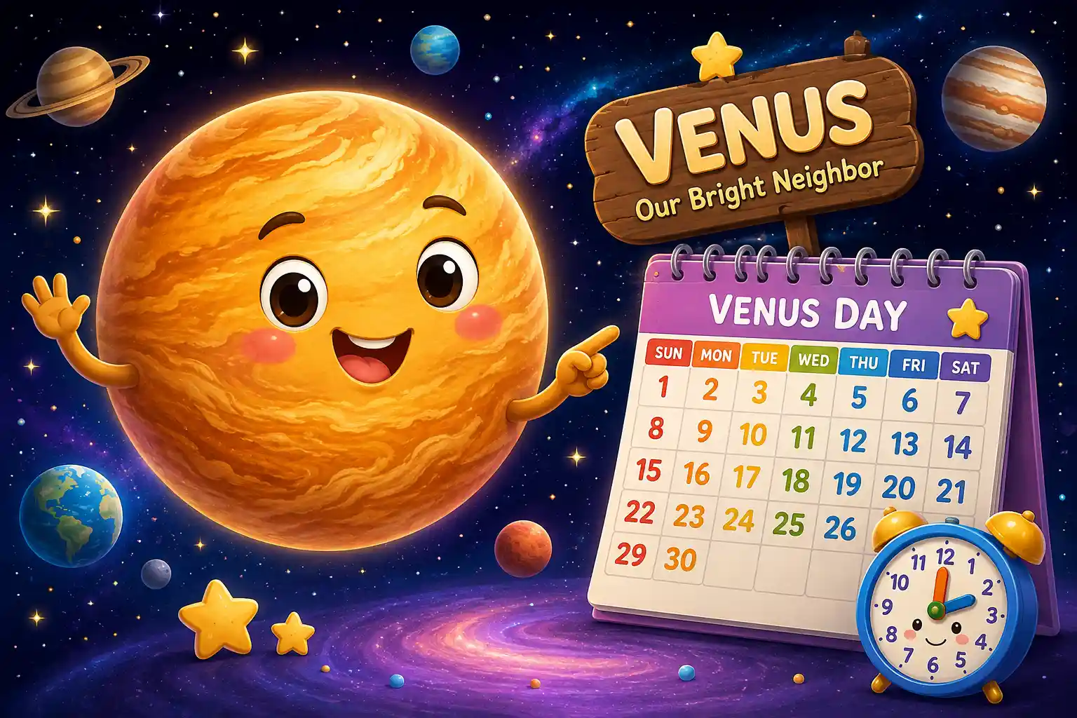 Planet Venus with clock and calendar