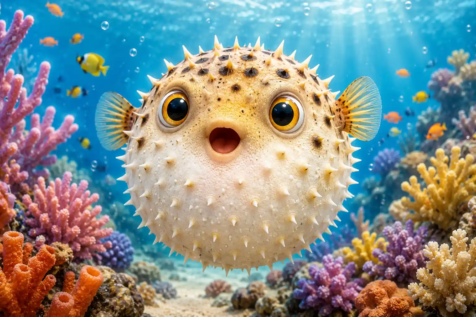 Puffed-up pufferfish underwater