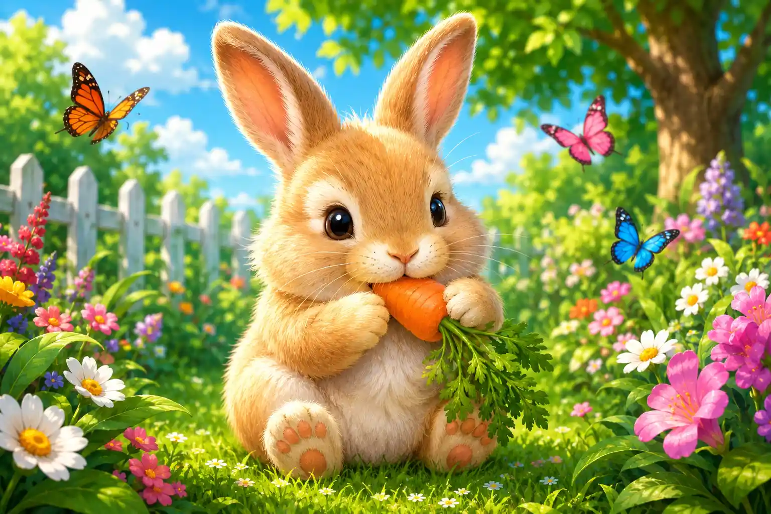 Rabbit eating carrot in garden
