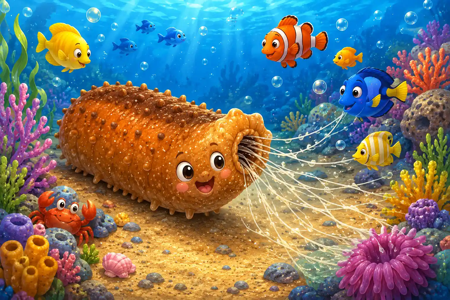 Sea cucumber on colorful ocean floor