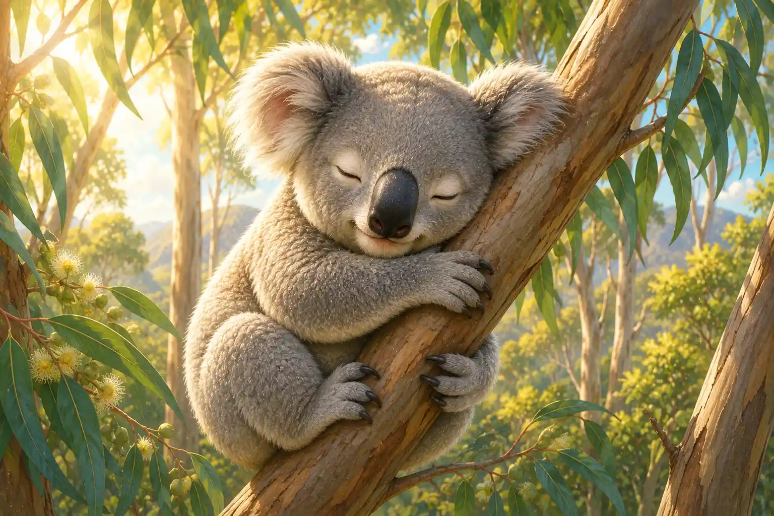 Sleepy koala in tree
