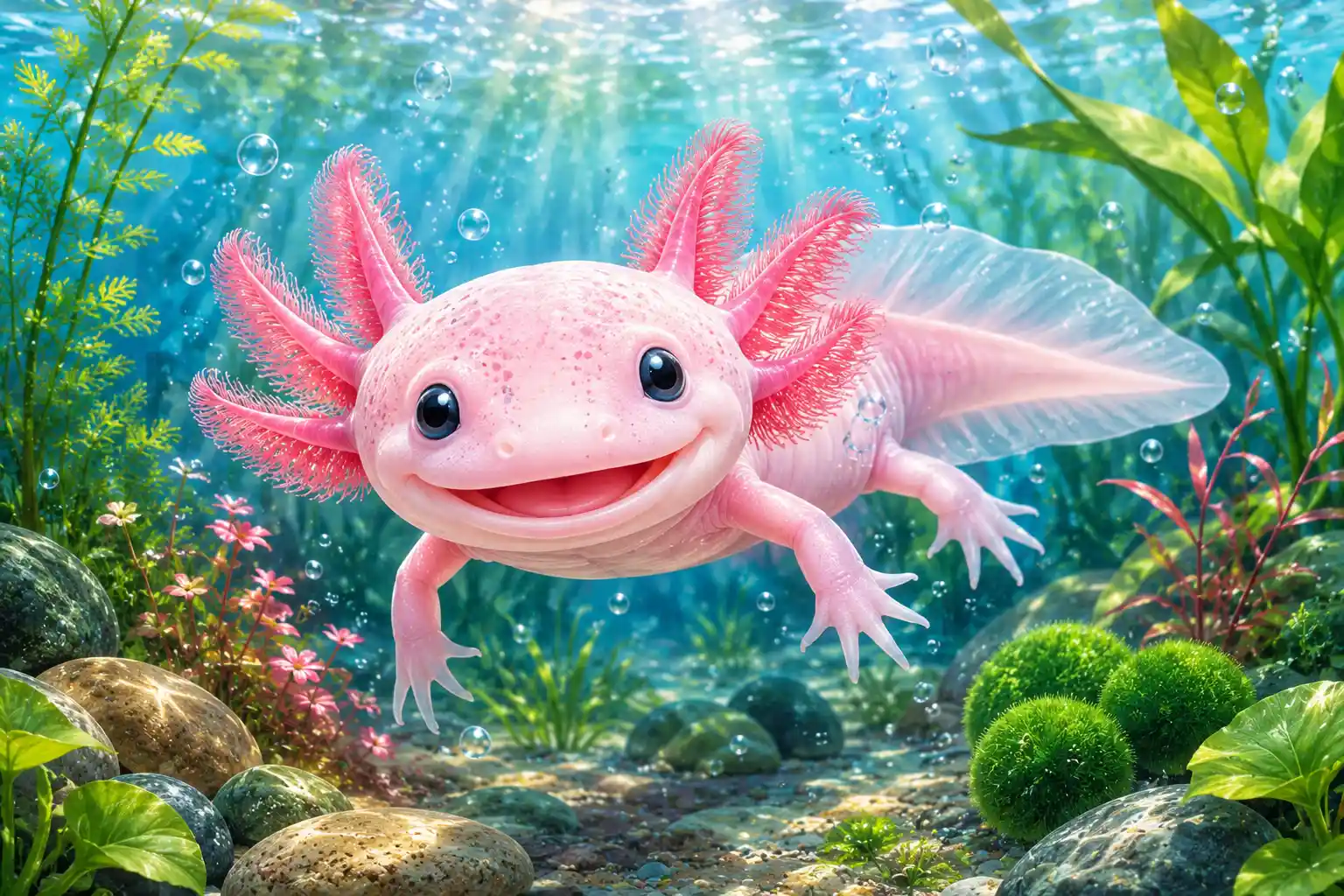 Smiling pink axolotl underwater