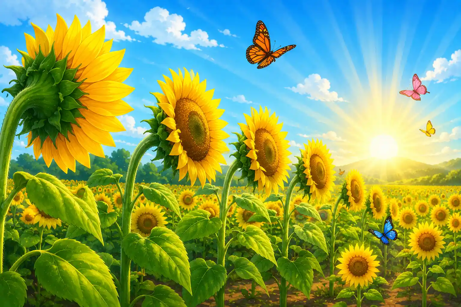 Young sunflowers turn during the day to follow the Sun's light.