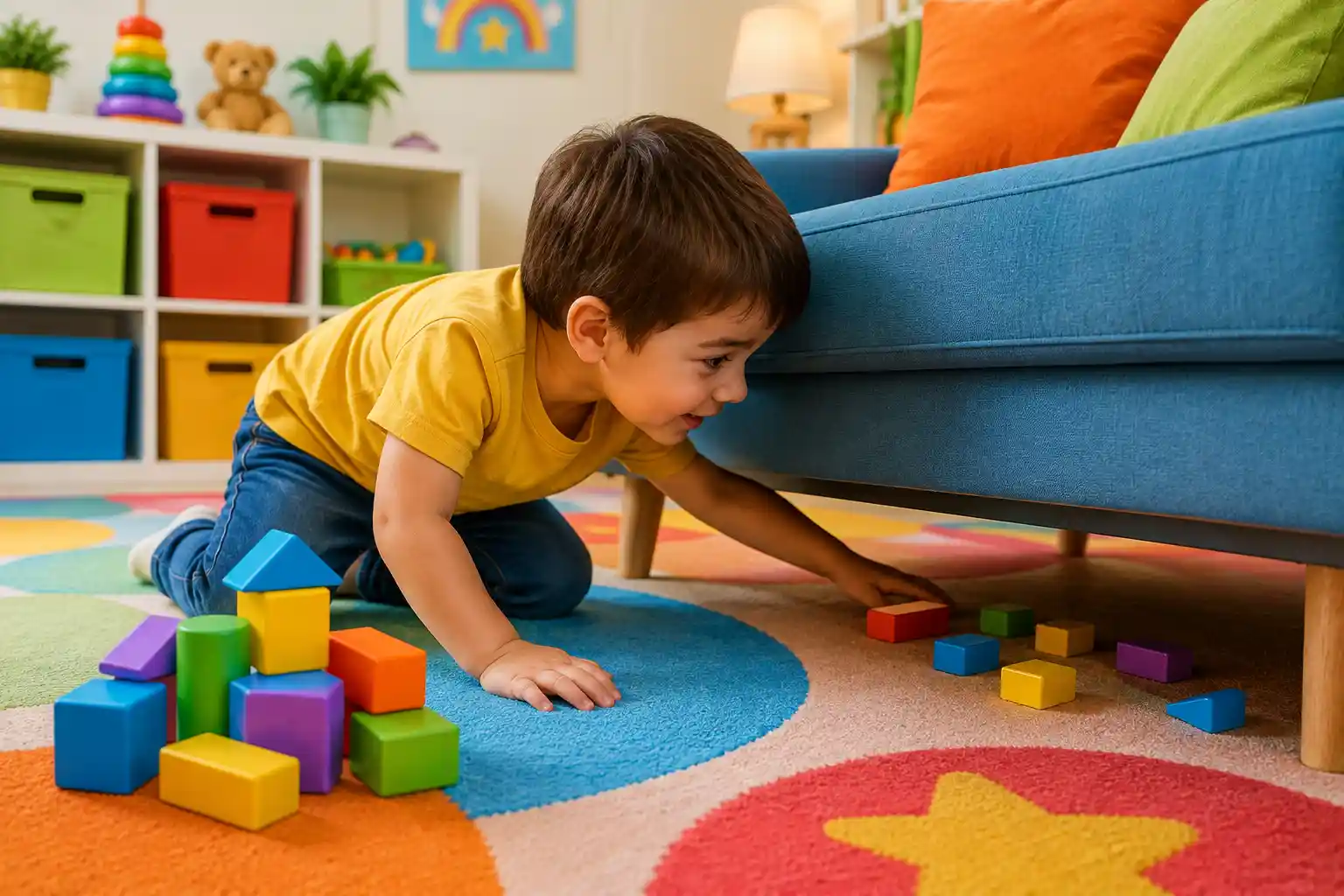 Boy counting building blocks for a subtraction problem