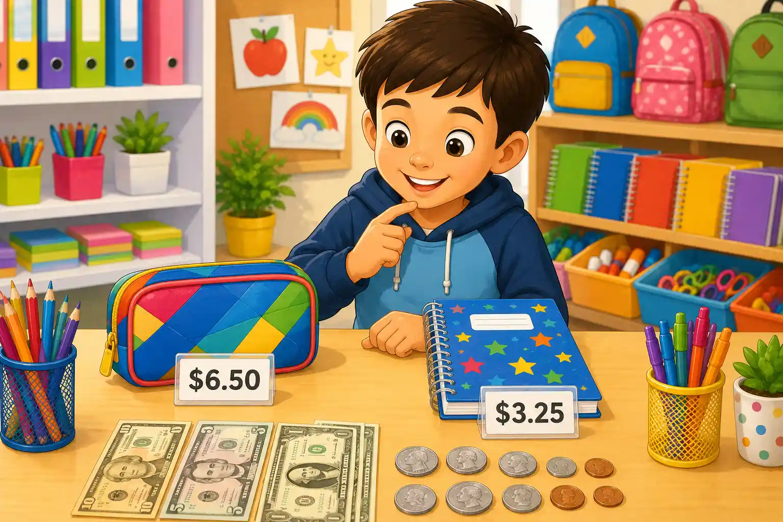 Child adding school supply prices