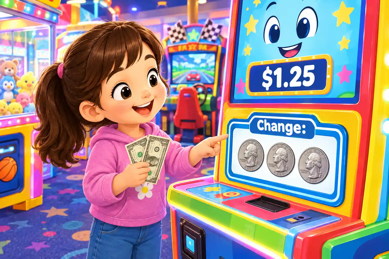 Child calculating change at an arcade machine
