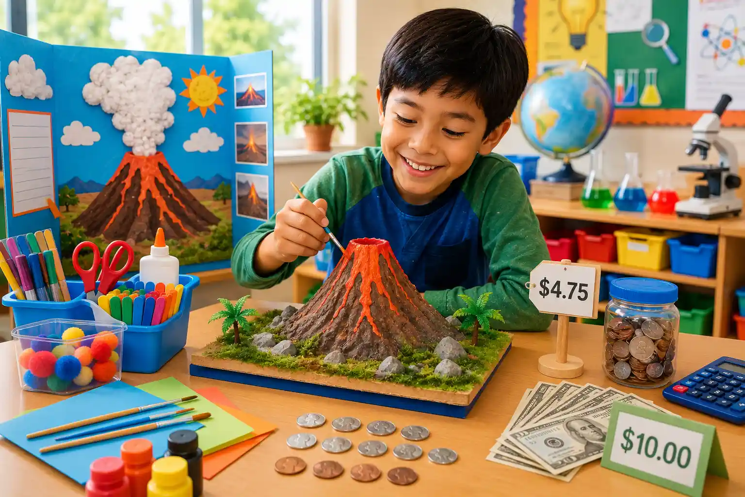 Child calculating money for a science fair project