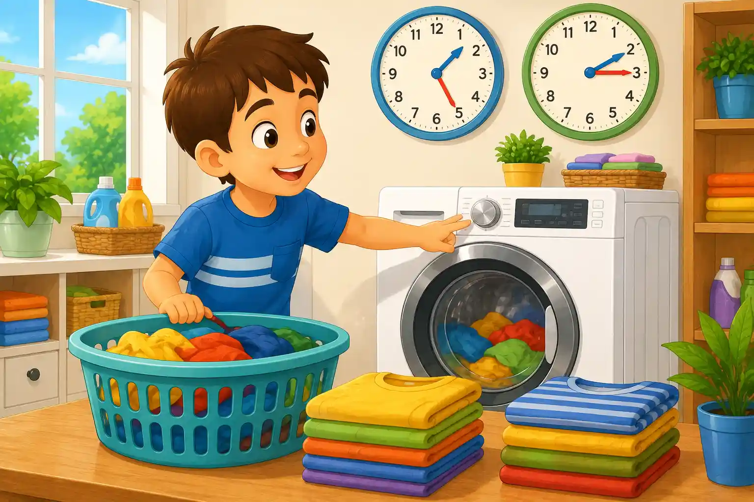 Child calculating washing machine cycle time