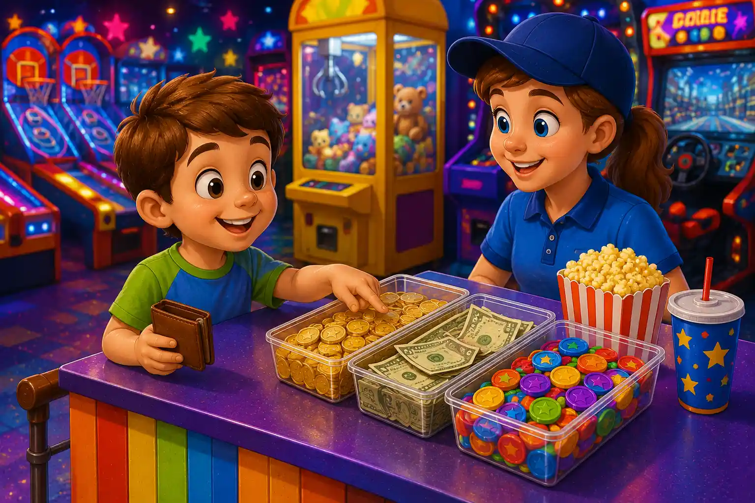 Child counting arcade money for a math problem