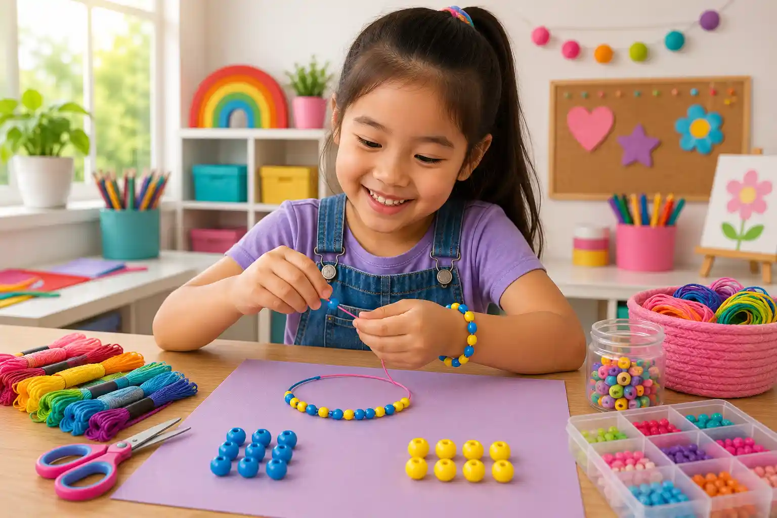 Child counting beads on a colorful bracelet