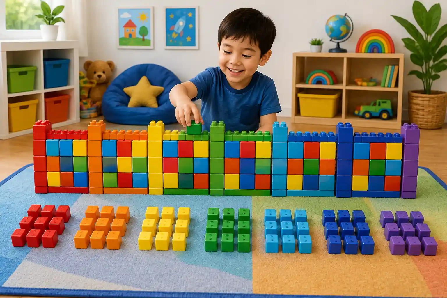 Child counting building blocks in equal groups