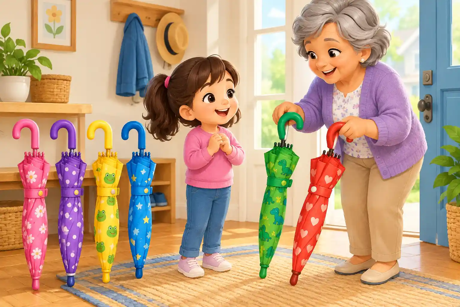 Child counting colorful umbrellas for an addition problem