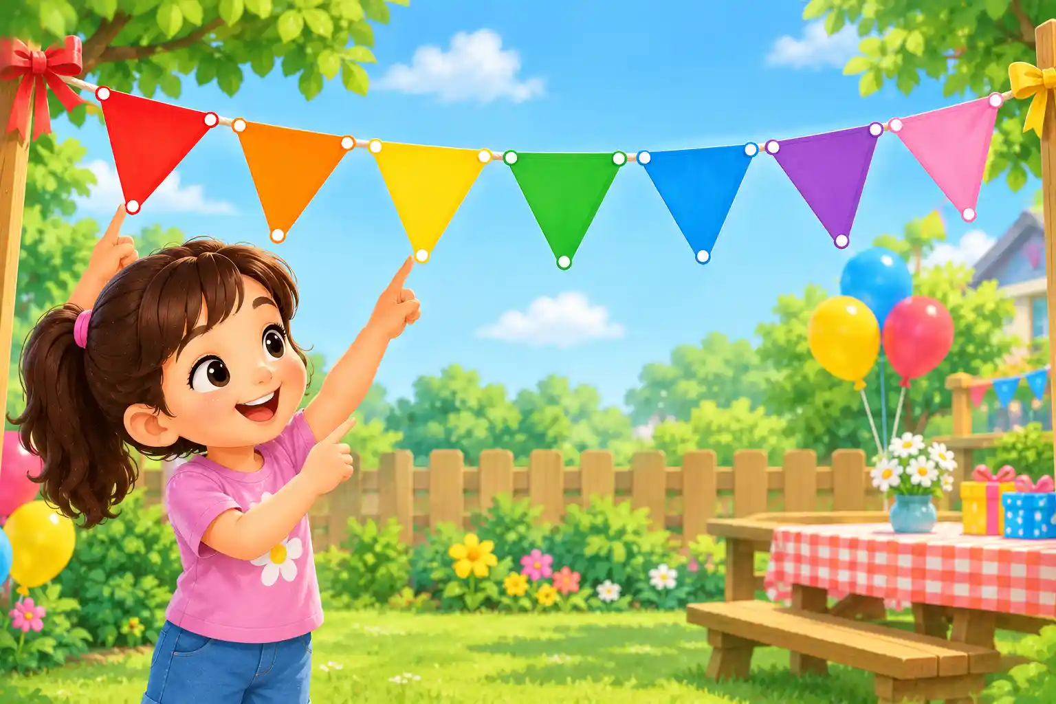 Child counting corners of triangular flags