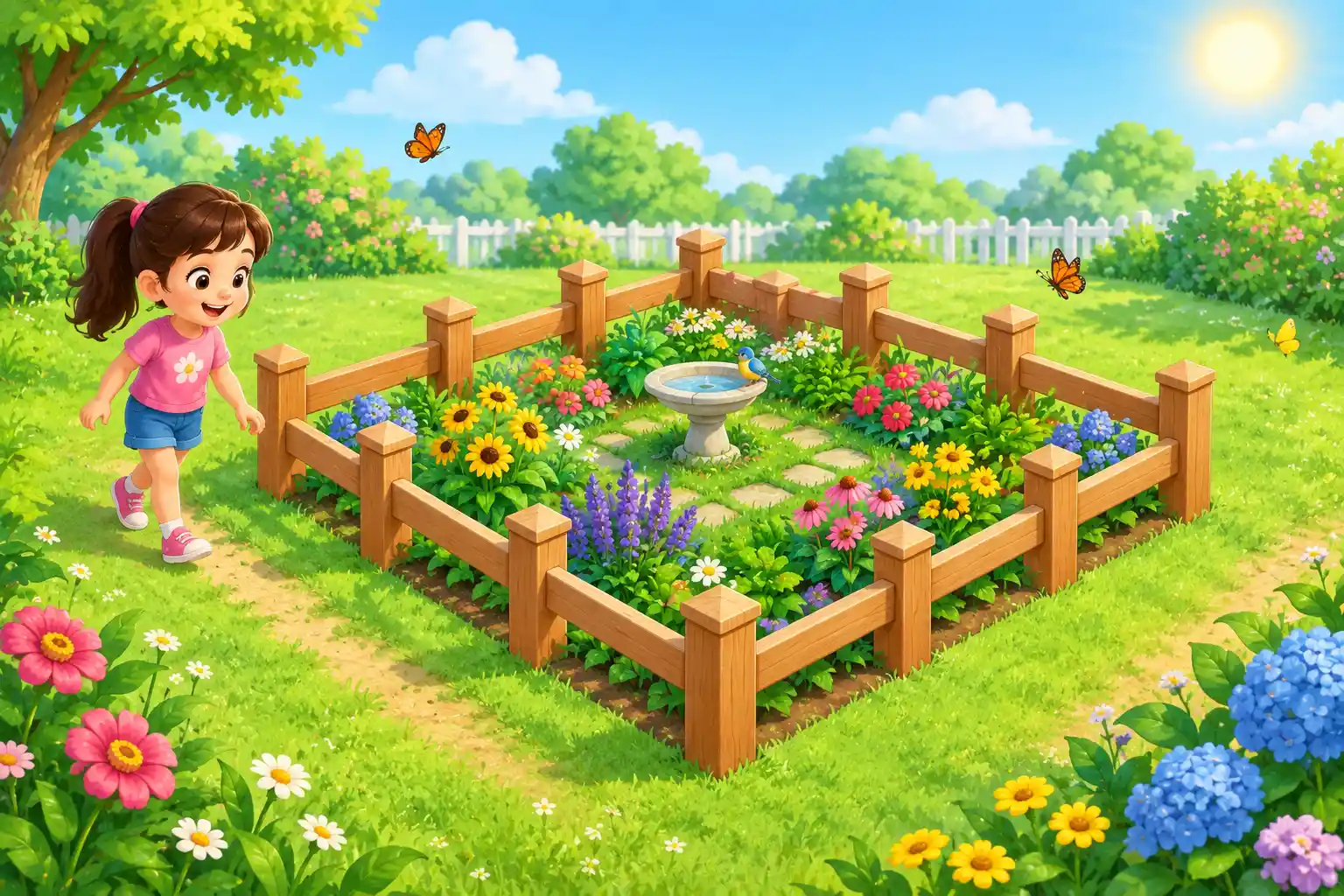 Child counting fence posts around a square garden