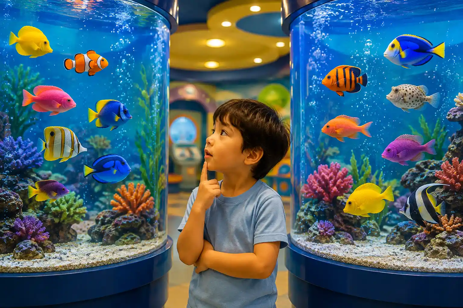 Child counting fish in two aquariums