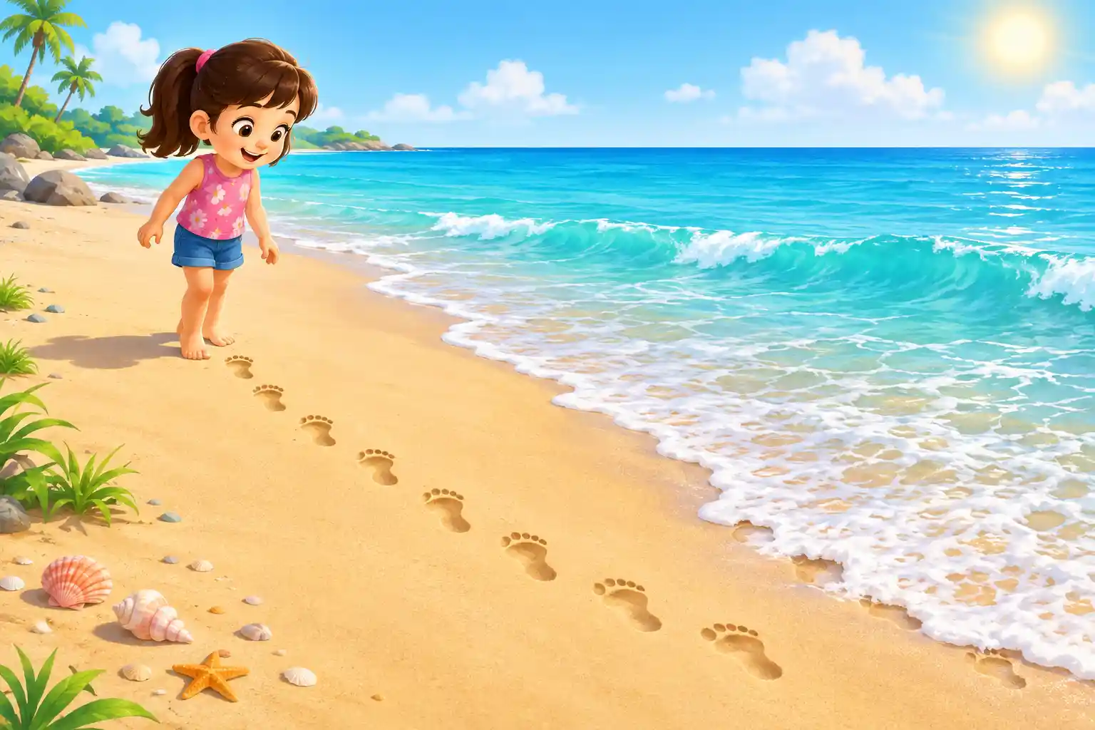 Child counting footprints in the sand