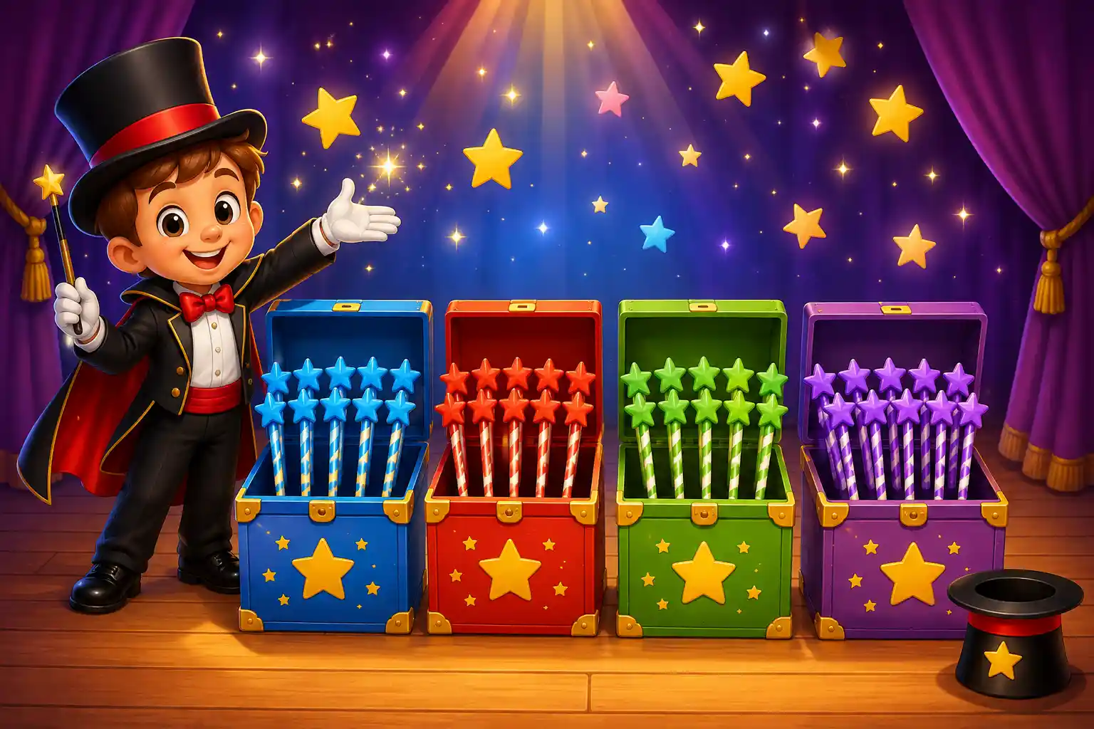 Child counting magic wands in equal groups