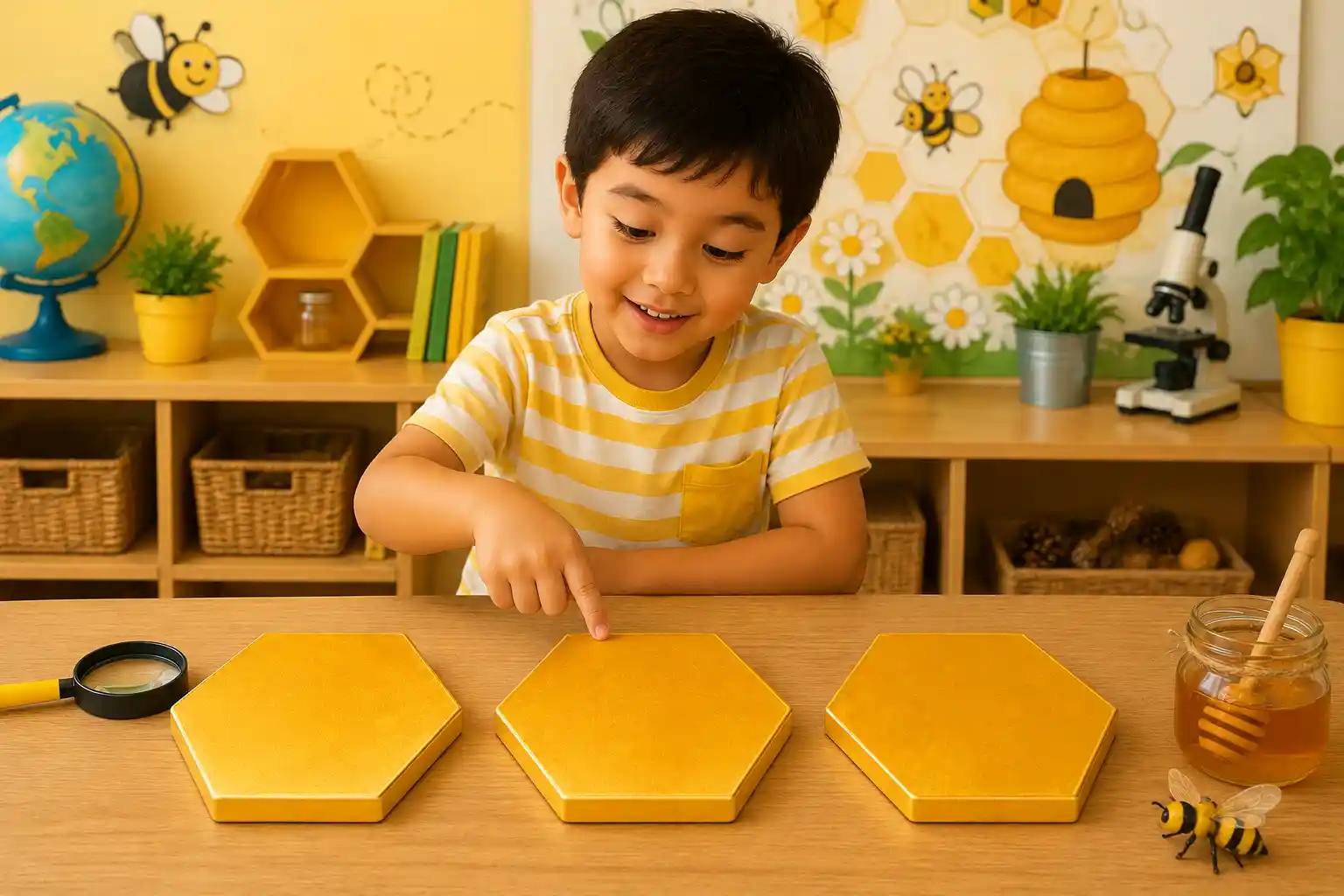 Child counting sides of hexagons in a geometry activity